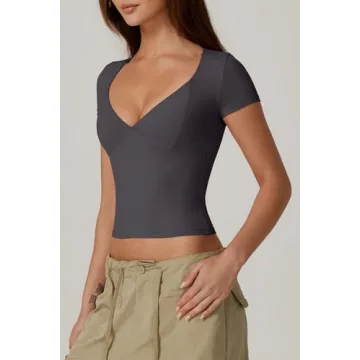 QINSEN Women's V-Neck Seamed Cup Tee - Soft & Stretchy