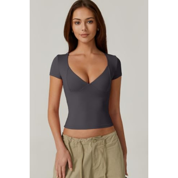 QINSEN Women's V-Neck Seamed Cup Tee - Soft & Stretchy