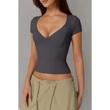 QINSEN Women's V-Neck Seamed Cup Tee - Soft & Stretchy