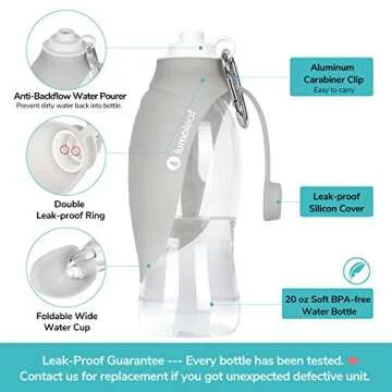 LumoLeaf Portable Pet Water Bottle, Reversible & Lightweight Water Dispenser for Dogs and Cats, Made of Food-Grade Silicone (20 Oz) - Grey