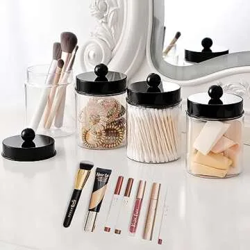 Amolliar Apothecary Jars Bathroom Vanity Storage Organizer Set -Countertop Canister Plastic Acrylic Jar - Farmhouse Decor Qtip Holder for Cotton Swabs,Makeup Sponges,Flossers ,Paper Clips-Black (4)