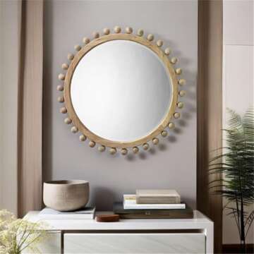 Eden Home 35" Round Coastal Sunburst Wood Mirror with Small Balls, Hand Carved, for Bedroom, in Natu...