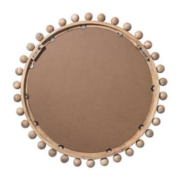 Eden Home 35" Round Coastal Sunburst Wood Mirror with Small Balls, Hand Carved, for Bedroom, in Natural Finish