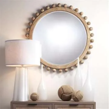 Eden Home 35" Round Coastal Sunburst Wood Mirror with Small Balls, Hand Carved, for Bedroom, in Natural Finish