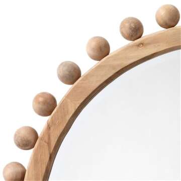 Eden Home 35" Round Coastal Sunburst Wood Mirror with Small Balls, Hand Carved, for Bedroom, in Natural Finish