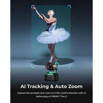OBSBOT Tiny 2 Webcam 4K Voice Control PTZ, AI Tracking Multi-Mode & Auto Focus, Web Camera with 1/1.5" Sensor, Gesture Control, 60 FPS, HDR Light Correction, Webcam for PC, Streaming, Meeting, etc.