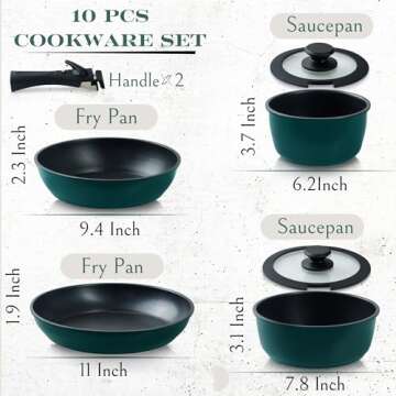 Moss & Stone 10 Pcs Blue Pots And Pans Set Removable Handle, Induction Cookware Set, Stackable Pots ...