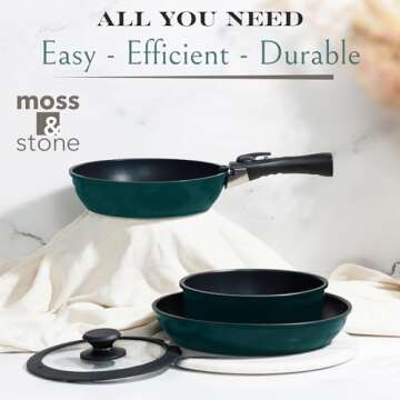 Moss & Stone 10 Pcs Blue Pots And Pans Set Removable Handle, Induction Cookware Set, Stackable Pots And Pans Set Dishwasher Safe, Detachable Handle Pots And Pans, Camping Cookware Set Non Stick