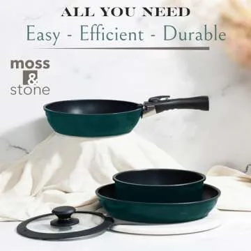 Moss & Stone 10 Pcs Blue Pots And Pans Set Removable Handle, Induction Cookware Set, Stackable Pots And Pans Set Dishwasher Safe, Detachable Handle Pots And Pans, Camping Cookware Set Non Stick