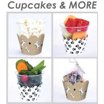 Cupcake Wrappers - Paw Print Pet Birthday Theme Party Supplies, Puppy Love Wedding, Bridal, Baby Shower Decoration Reversible Dog Bone Animal Rescue Patrol Dessert Wrap (Black, White, Brown 24 Count)