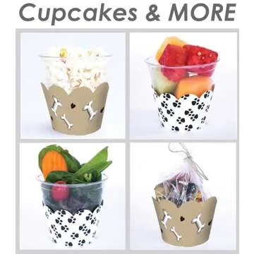Cupcake Wrappers - Paw Print Pet Birthday Theme Party Supplies, Puppy Love Wedding, Bridal, Baby Shower Decoration Reversible Dog Bone Animal Rescue Patrol Dessert Wrap (Black, White, Brown 24 Count)