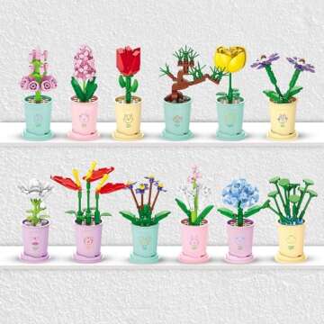 Liberty Imports 12 Pack Mini Flower Botanical Building Block Collection, Creative Flower Plant Toy Set for Kids, Home or Office Colorful Decorations