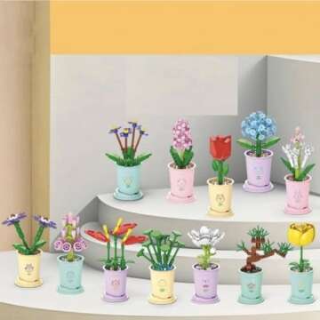 Liberty Imports 12 Pack Mini Flower Botanical Building Block Collection, Creative Flower Plant Toy Set for Kids, Home or Office Colorful Decorations