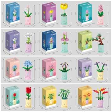 Liberty Imports 12 Pack Mini Flower Botanical Building Block Collection, Creative Flower Plant Toy Set for Kids, Home or Office Colorful Decorations