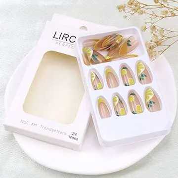 Summer Press on Nail Medium Lemon Fake Nail Alomnd Yellow Full Cover False Nail Sticker on Nail for Women Girls Glue on Nail French Nail Tip
