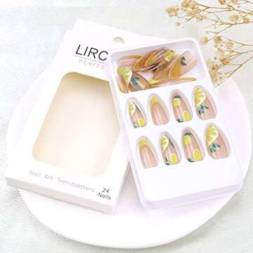 Summer Press on Nail Medium Lemon Fake Nail Alomnd Yellow Full Cover False Nail Sticker on Nail for Women Girls Glue on Nail French Nail Tip