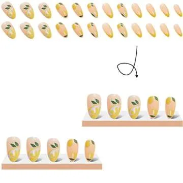 Summer Press on Nail Medium Lemon Fake Nail Alomnd Yellow Full Cover False Nail Sticker on Nail for Women Girls Glue on Nail French Nail Tip