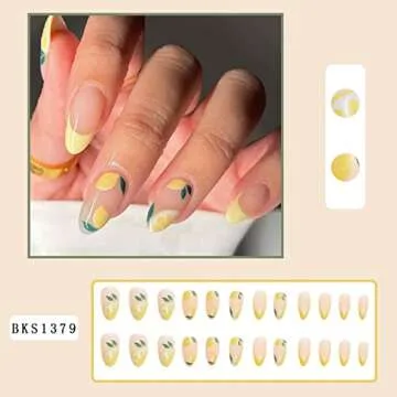 Summer Press on Nail Medium Lemon Fake Nail Alomnd Yellow Full Cover False Nail Sticker on Nail for Women Girls Glue on Nail French Nail Tip