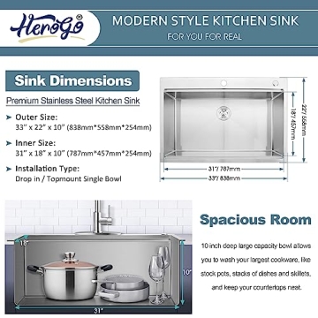 33x22 Inch Drop In Kitchen Sink by Herogo - Durable & Stylish