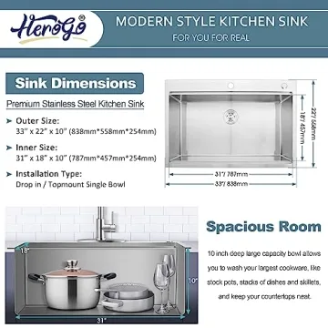 33x22 Inch Drop In Kitchen Sink by Herogo - Durable & Stylish