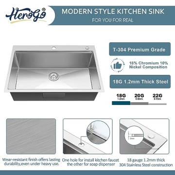 33x22 Inch Drop In Kitchen Sink by Herogo - Durable & Stylish