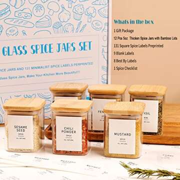 HHMJSM 12 Pcs Square Glass Spice Jars with Natural Bamboo Lids - 5oz Airtight Herb Containers with 1...