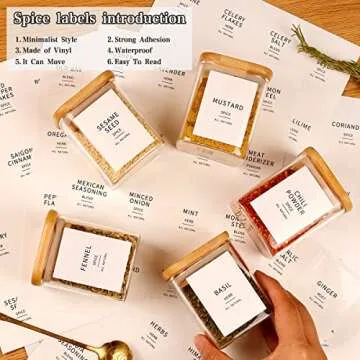 HHMJSM 12 Pcs Square Glass Spice Jars with Natural Bamboo Lids - 5oz Airtight Herb Containers with 148 Waterproof Minimalist Spice Labels Preprinted - Empty Small Seasoning Jars for Kitchen Pantry