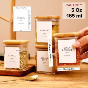 HHMJSM 12 Pcs Square Glass Spice Jars with Natural Bamboo Lids - 5oz Airtight Herb Containers with 148 Waterproof Minimalist Spice Labels Preprinted - Empty Small Seasoning Jars for Kitchen Pantry