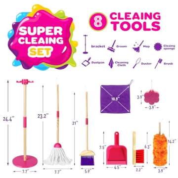 Gadhra Wooden Toy Cleaning Set ,8Pcs Kids Cleaning Set, Includes Broom, Dustpan, Brush, Mop, Duster, Sponge, Rag and Hanging Stand, Pretend Play Children House Cleaning Toys for Toddlers