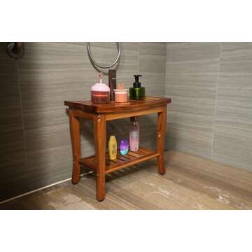 VaeFae Teak Shower Bench - Spa Bath Shower Stool with Storage Shelf