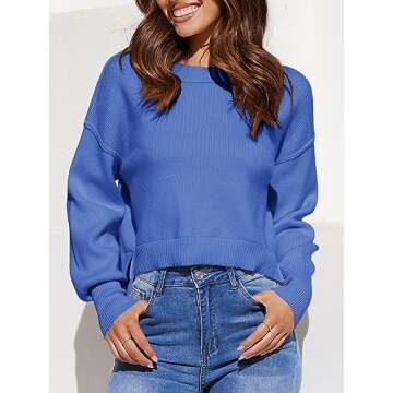 Saodimallsu Cropped Sweaters for Women Oversized Batwing Long Sleeve Crew Neck Fall Crop Top Pullover Sweater Blue