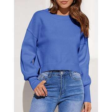 Saodimallsu Cropped Sweaters for Women Oversized Batwing Long Sleeve Crew Neck Fall Crop Top Pullover Sweater Blue