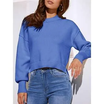 Saodimallsu Cropped Sweaters for Women Oversized Batwing Long Sleeve Crew Neck Fall Crop Top Pullover Sweater Blue