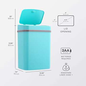 Ninestars, 3 Gal, Teal Blue DZT-12-5TB Bedroom or Bathroom Automatic Touchless Infrared Motion Sensor Trash Can, 12 L, ABS Plastic (Rectangular, Trashcan