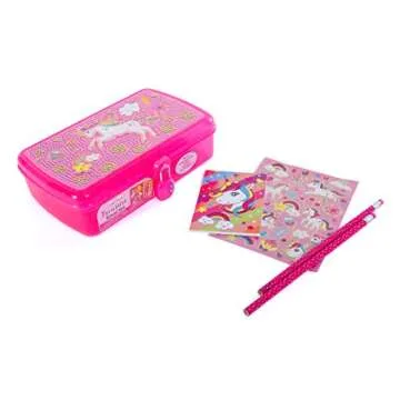 Hot Focus Treasure School Box with Lock – Unicorn Girls Pencil Case Box Includes Pencils, Notepad and Stickers
