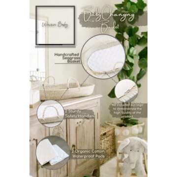 Baby Changing Basket by Woven Baby | Changing Basket for Baby Made of Seagrass | Comes with 2 Pcs. Washable Basket Changing Pad | Changing Basket Table Topper for Nursery | Changing Pad Basket