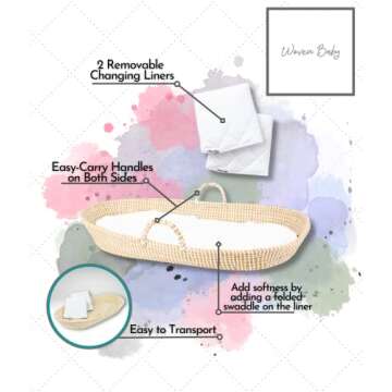 Baby Changing Basket by Woven Baby | Changing Basket for Baby Made of Seagrass | Comes with 2 Pcs. Washable Basket Changing Pad | Changing Basket Table Topper for Nursery | Changing Pad Basket