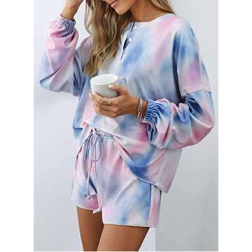 Elapsy Womens Juniors Jersery Cotton Pajamas Set Nightwear Petite Pajamas Long Sleeve Button Down Boyfiriend Short Tie Dye Print Ruffle Soft Tee with Pants PJ Set Sleepwear Lounge Wear Blue XX-Large