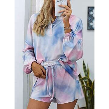 Elapsy Womens Juniors Jersery Cotton Pajamas Set Nightwear Petite Pajamas Long Sleeve Button Down Boyfiriend Short Tie Dye Print Ruffle Soft Tee with Pants PJ Set Sleepwear Lounge Wear Blue XX-Large