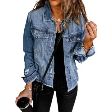 EVALESS Women's Trendy Ripped Distressed Jean Denim Jacket - Slouchy Fray Hem Coats