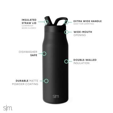 Simple Modern Water Bottle with Straw lid | Insulated Stainless Steel Thermos | Reusable Travel Water Bottles for Gym & Sports | Leak Proof & BPA Free | Mesa Collection | 34oz, Midnight Black