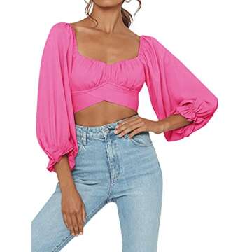 LYANER Women's Cute Off Shoulder Long Sleeve Self Tie Knot Crop Tube Top Blouse Hot Pink Medium