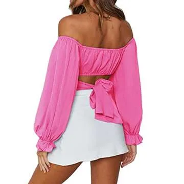 LYANER Women's Cute Off Shoulder Long Sleeve Self Tie Knot Crop Tube Top Blouse Hot Pink Medium
