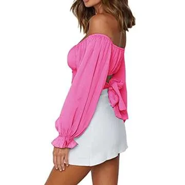 LYANER Women's Cute Off Shoulder Long Sleeve Self Tie Knot Crop Tube Top Blouse Hot Pink Medium