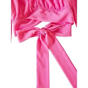 LYANER Women's Cute Off Shoulder Long Sleeve Self Tie Knot Crop Tube Top Blouse Hot Pink Medium