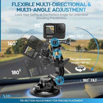 MiPremium Car Suction Cup Mount for GoPro Hero 13 12 11 10 9 8 7 6 5 4 3 3+ 2 Session Black Silver XIAOYI 4K SJCAM Yi Sports Action Camera Dash Cam holder perfect for Boats Vehicle Windshield & Window