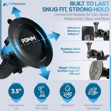 MiPremium Car Suction Cup Mount for GoPro Hero 13 12 11 10 9 8 7 6 5 4 3 3+ 2 Session Black Silver XIAOYI 4K SJCAM Yi Sports Action Camera Dash Cam holder perfect for Boats Vehicle Windshield & Window