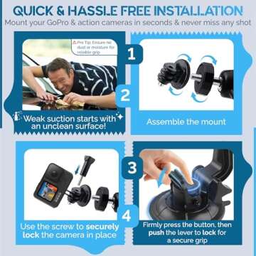 MiPremium Car Suction Cup Mount for GoPro Hero 13 12 11 10 9 8 7 6 5 4 3 3+ 2 Session Black Silver XIAOYI 4K SJCAM Yi Sports Action Camera Dash Cam holder perfect for Boats Vehicle Windshield & Window