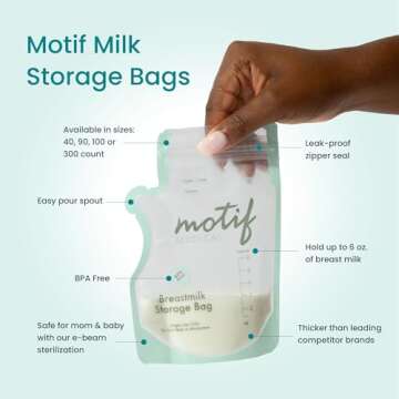 Motif Medical, Milk Storage Bags, 8 oz Milk Freezer Bag with Easy Pour Spout, BPA Free, Write-On Label - 40 Count