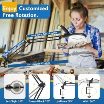 10X Large Magnifying Glass with Light and Stand, Dual Mechanical Knob Stepless Dimmable Lighted Magnifier, Real Glass Lens Desk Lamp with Light, Adjustable Swing Arm Clamp Light Hands Free for Crafts